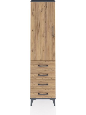 Arges Dolap Tek Raflı 4 Çekmeceli Tek Askılı 44X30X182 Antrasit-Çam