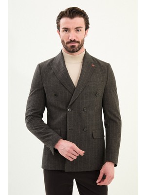 Çizgili Slim Fit Geniş Yaka Kruvaze Yün Erkek Ceket
