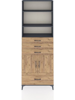 Arges Dolap 5 Raflı 4 Çekmeceli 2 Kapaklı 88X30X243 Antrasit-Çam