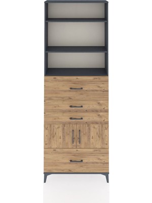 Arges Dolap 4 Raflı 4 Çekmeceli 2 Kapaklı 88X30X243 Antrasit-Çam