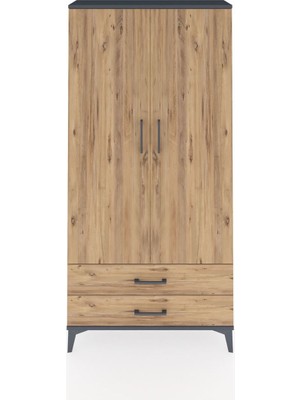Arges Dolap Tek Raflı 2 Çekmeceli Tek Askılı 88X30X182 Antrasit-Çam