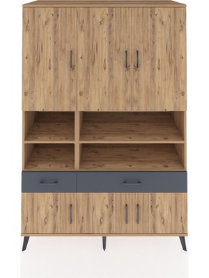 Kronos Dolap 8 Raflı 2 Çekmeceli 6 Kapaklı 132X59X195 Çam-Çam/antrasit