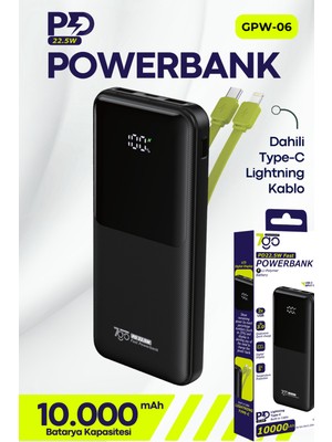 7go Gpw-06 10000MAH PD22.5W Hızlı Şarj Powerbank Siyah | Dahili Type-C & Lightning Kablo | Dijital Ekranlı Taşınabilir Şarj Cihazı