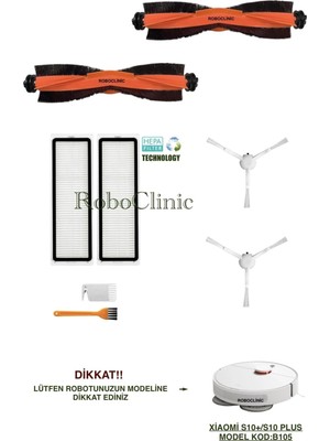 Roboclinic Xiaomi Robot Vacuum S10+ / S10 Plus Robot Süpürge Uyumlu Yedek Fırça, Hepa Filtre - 8 Parça