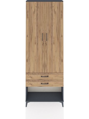 Arges Dolap 4 Raflı 2 Çekmeceli 2 Kapaklı 88X30X243 Antrasit-Çam