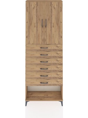 Arges Dolap 3 Raflı 6 Çekmeceli 2 Kapaklı 88X30X243 Çam-Çam