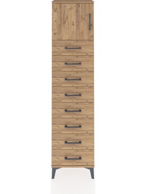 Arges Dolap Tek Raflı 8 Çekmeceli Tek Kapaklı 44X30X182 Çam-Çam