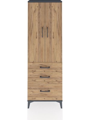 Arges Dolap 4 Raflı 3 Çekmeceli 2 Kapaklı 60X30X182 Antrasit-Çam