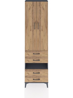 Arges Dolap 3 Raflı 4 Çekmeceli Tek Askılı 60X30X221 Antrasit-Çam