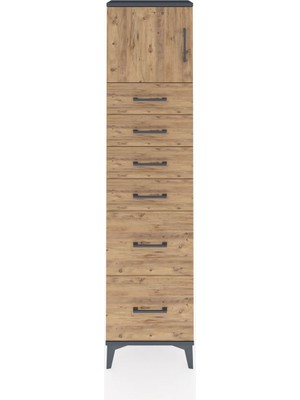 Arges Dolap Tek Raflı 6 Çekmeceli Tek Kapaklı 44X30X182 Antrasit-Çam