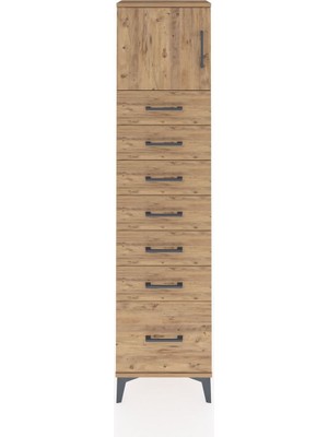 Arges Dolap Tek Raflı 7 Çekmeceli Tek Kapaklı 44X30X182 Çam-Çam