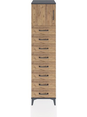 Hyperion Dolap Tek Raflı 8 Çekmeceli Tek Kapaklı 44X44X182 Antrasit-Çam