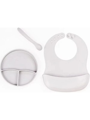 Gri 3’lü Silikon Yemek Seti – Önlük + Diş Kaşıyıcılı Kaşık + Vakumlu Tabak