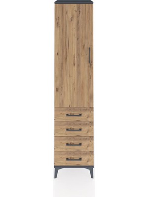 Hyperion Dolap 3 Raflı 4 Çekmeceli Tek Kapaklı 44X44X195 Antrasit-Çam