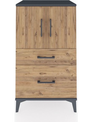 Hyperion Komodin 2 Raflı 2 Çekmeceli 2 Kapaklı 60X44X106 Antrasit-Çam