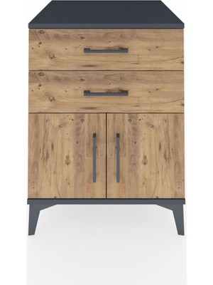 Kronos Komodin Tek Raflı 2 Çekmeceli 2 Kapaklı 60X59X80 Antrasit-Çam