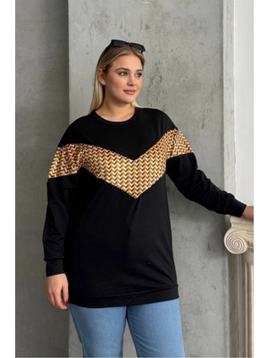 Stil Diva Büyük Beden Kadın Bisiklet Yaka Uzun Kollu Siyah Desenli Sweatshirt Ekstra Rahat Kalıp