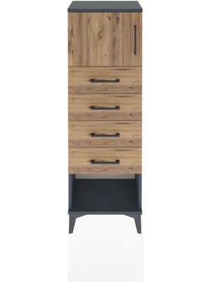 Arges Dolap Tek Raflı 4 Çekmeceli Tek Kapaklı 44X30X134 Antrasit-Çam