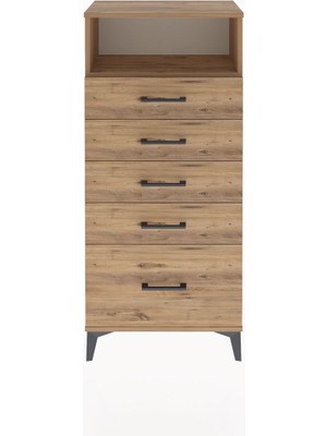 Arges Dolap Tek Raflı 5 Çekmeceli 60X30X134 Çam-Çam