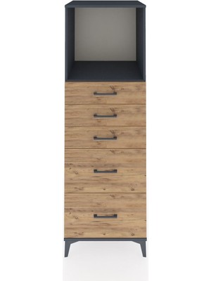 Kronos Dolap Tek Raflı 5 Çekmeceli 60X59X182 Antrasit-Çam