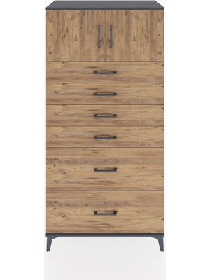 Hyperion Dolap Tek Raflı 6 Çekmeceli 2 Kapaklı 88X44X182 Antrasit-Çam