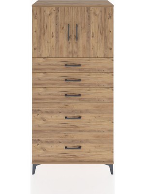 Hyperion Dolap Tek Raflı 5 Çekmeceli 2 Kapaklı 88X44X182 Çam-Çam