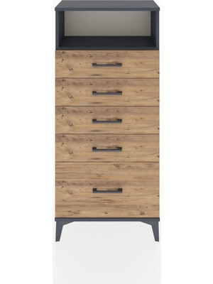 Hyperion Dolap Tek Raflı 5 Çekmeceli 60X44X134 Antrasit-Çam