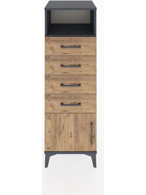 Hyperion Dolap Tek Raflı 4 Çekmeceli Tek Kapaklı 44X44X134 Antrasit-Çam