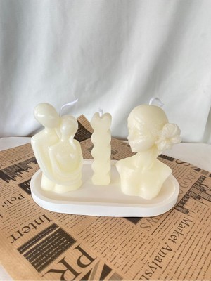 Kadın Mum - Çift Mum-Kalp Mum + Organizer Dekoratif Tabaklı Set  ( 4 Parça )