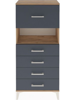 Arges Dolap Tek Raflı 5 Çekmeceli 60X30X134 Çam-Antrasit