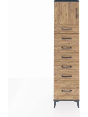 Arges Dolap Tek Raflı 7 Çekmeceli Tek Kapaklı 44X30X182 Antrasit-Çam