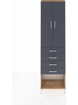 Arges Dolap 3 Raflı 4 Çekmeceli 2 Kapaklı 60X30X221 Çam-Antrasit