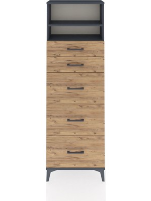 Arges Dolap 2 Raflı 5 Çekmeceli 60X30X182 Antrasit-Çam