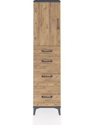 Arges Dolap Tek Raflı 4 Çekmeceli Tek Kapaklı 44X30X182 Antrasit-Çam