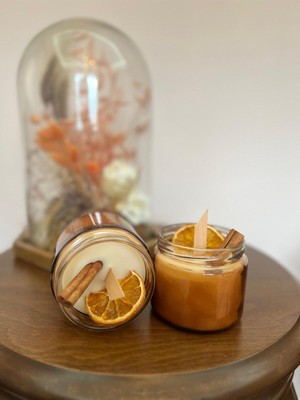 Portakal ve Tarçın Amber Kavanoz Kokulu Ahşap Fitilli Şömine Sesli Aromatik Mum