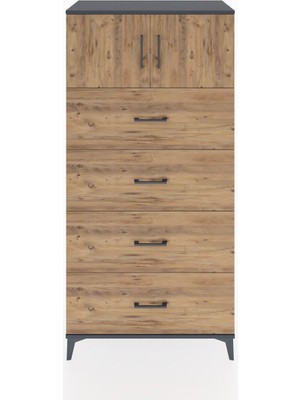 Hyperion Dolap Tek Raflı 4 Çekmeceli 2 Kapaklı 88X44X182 Antrasit-Çam