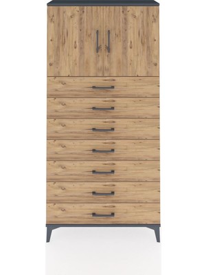 Arges Dolap 2 Raflı 7 Çekmeceli 2 Kapaklı 88X30X182 Antrasit-Çam
