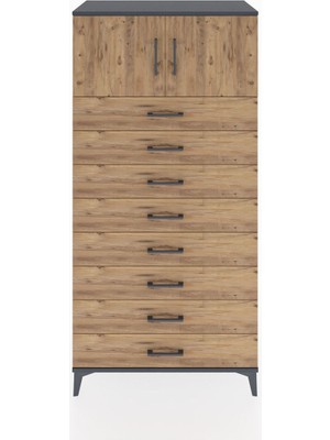 Hyperion Dolap Tek Raflı 8 Çekmeceli 2 Kapaklı 88X44X182 Antrasit-Çam