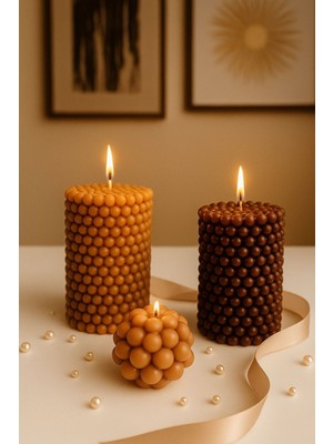 2 Silindir 1 Top 3lü Bubble Kahverengi Dekoratif Kokulu Mum Seti - Pearly Candle