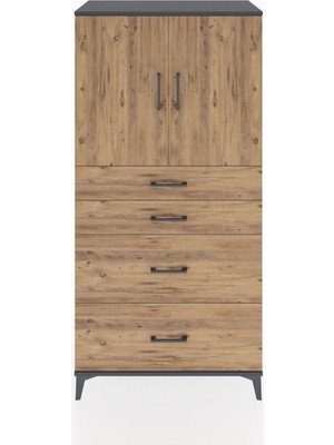 Hyperion Dolap Tek Raflı 4 Çekmeceli 2 Kapaklı 88X44X182 Antrasit-Çam