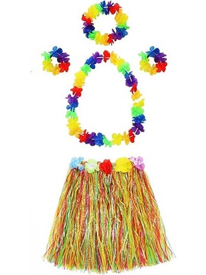 Yetişkin ve Çocuk Uyumlu Luau Aloha Hawaii  Kolye Renkli Etek Taç ve Bileklik Seti