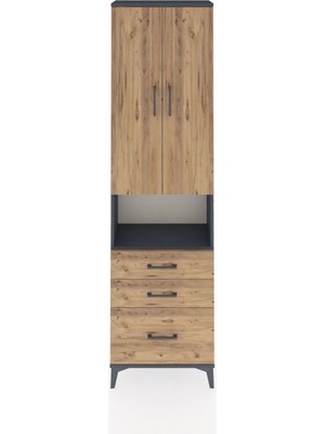 Arges Dolap 4 Raflı 3 Çekmeceli 2 Kapaklı 60X30X221 Antrasit-Çam