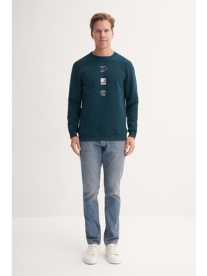 Cazador 53610 Petrol Erkek Bisiklet Yaka Baskılı Regular Fit Sweatshirt