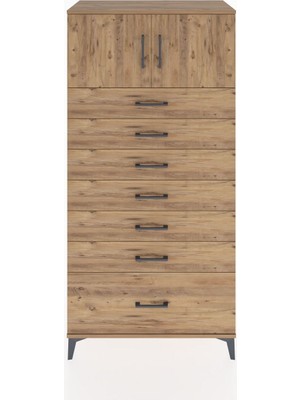 Hyperion Dolap Tek Raflı 7 Çekmeceli 2 Kapaklı 88X44X182 Çam-Çam