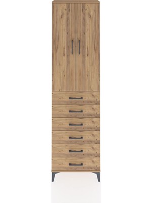 Arges Dolap 2 Raflı 6 Çekmeceli Tek Askılı 60X30X221 Çam-Çam