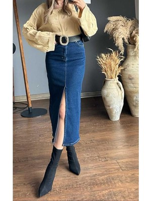 Madame Melek Model Yırtmaç Detaylı Düğmeli Kot Etek Koyu Mavi Midi Diz Boy