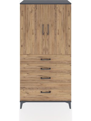 Hyperion Dolap 2 Raflı 4 Çekmeceli 2 Kapaklı 88X44X182 Antrasit-Çam