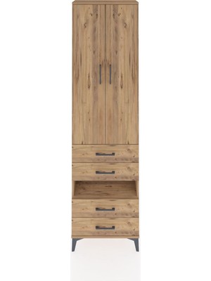 Arges Dolap 4 Raflı 4 Çekmeceli 2 Kapaklı 60X30X221 Çam-Çam