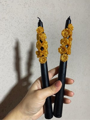 1 Adet Gold Çiçek Kabartmalı  Şamdan Mumu