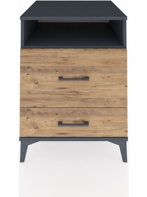 Kronos Komodin Tek Raflı 2 Çekmeceli 60X59X80 Antrasit-Çam